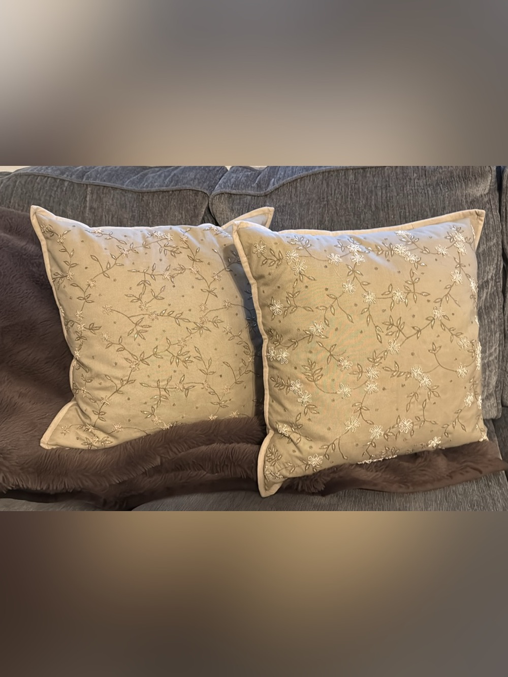 Pottery Barn Embroidered Floral Accent Pillow Pair in Tan